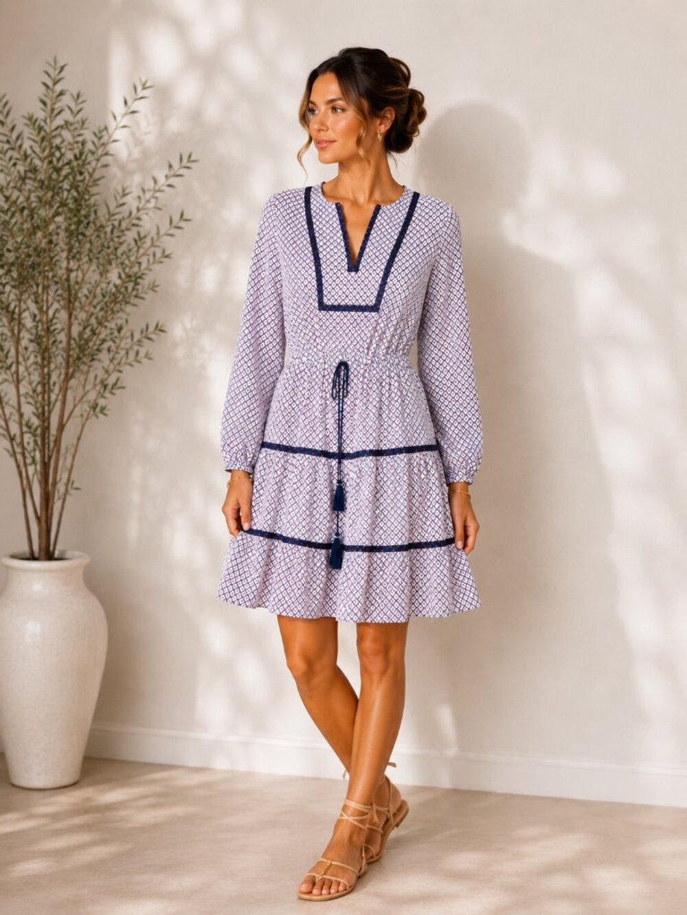 Tory Burch Tiered Diamond Print Peasant Dress Red Blue Size 0 Excellent